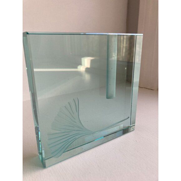 Stephen Schlanser Crystal Glass Etched Ginkgo Leaf 5” Ikebana Vase Signed 1999 - Picture 2 of 14